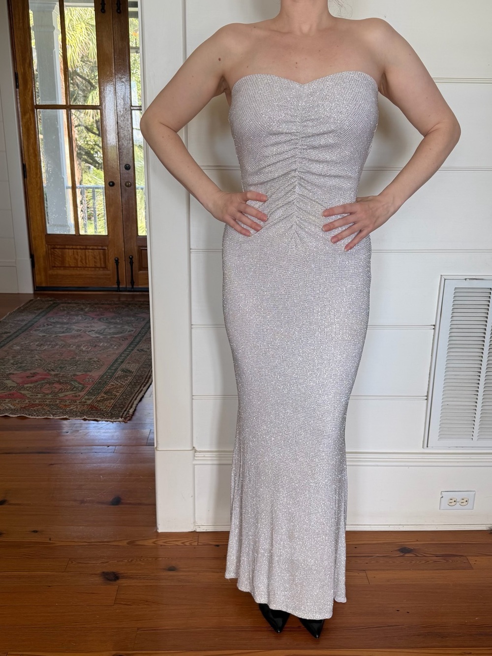 2002 Vintage Jessica McClintock Strapless Silver Glitter Gown